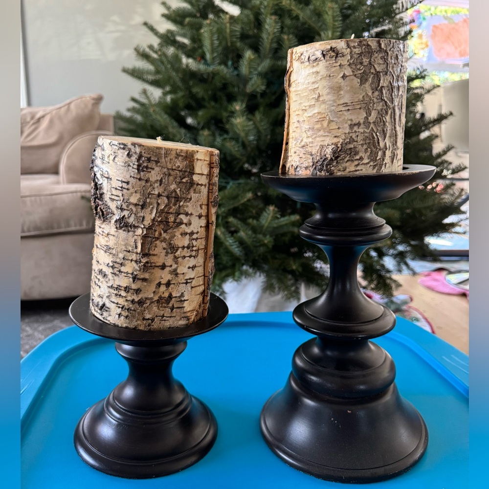 Pottery barn turned wood pillar holder and candle set